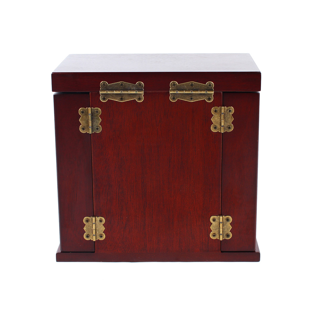 Wooden jewelry storage cabinet with brass hinges